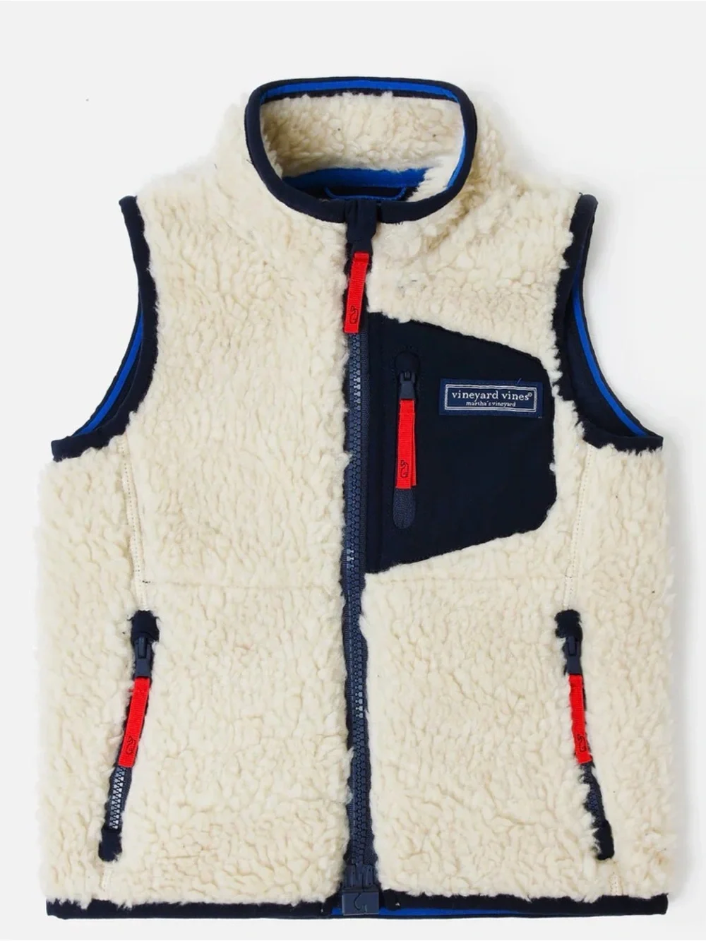 Vineyard Vines Navy Vest with Cream Sherpa and Blue Trim